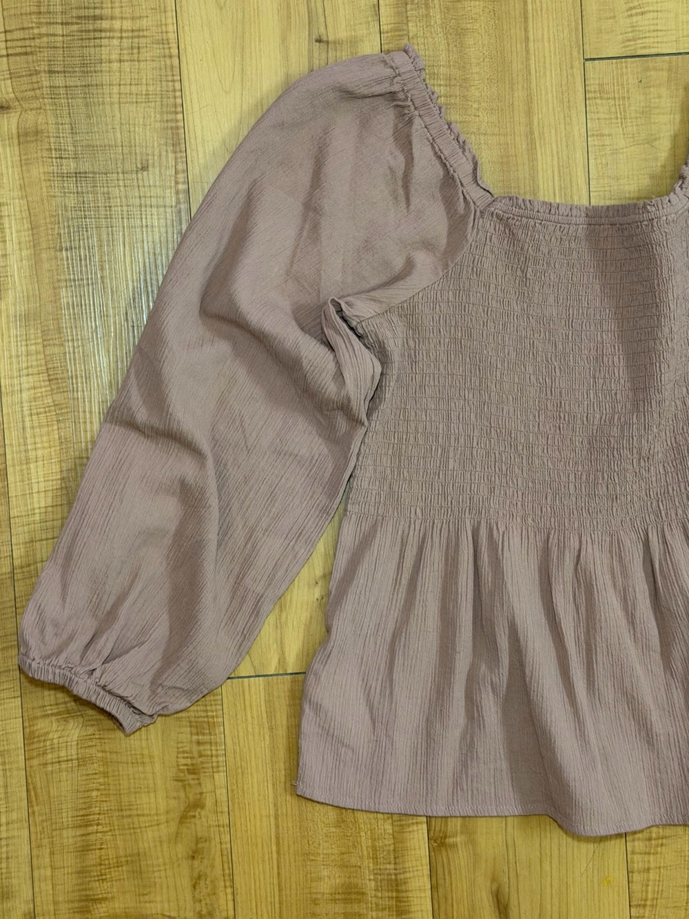 Madewell Babydoll Smocked Square Neck Puff Sleeve Peplum Top in Dusty Rose - Picture 12 of 15